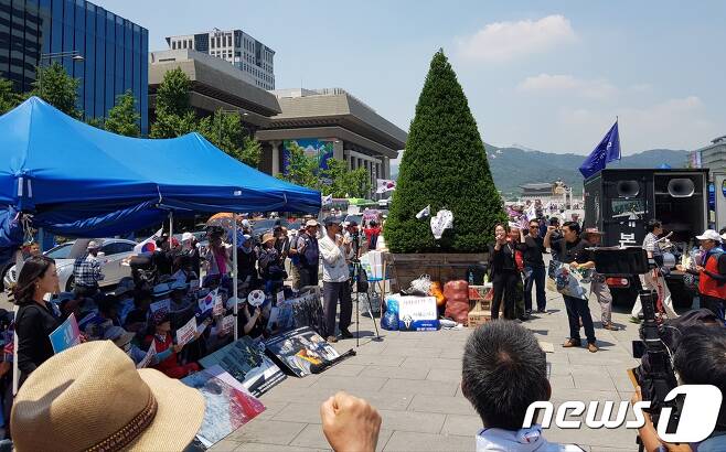 25일 오후 우리공화당 지지자들이 서울 광화문광장에 텐트를 재설치하고 집회를 이어가고 있다. 2019.06.25/뉴스1 © 뉴스1
