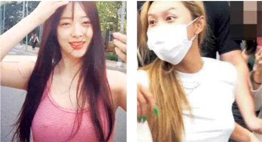 자신의 SNS에 브래지어를 착용하지 않고 상의를 입은 사진을 게재한 가수 겸 배우 설리(왼쪽 사진)와 최근 공항에서 역시 속옷 상의를 입지 않은 패션을 선보여 뜨거운 관심을 받은 가수 화사(오른쪽).