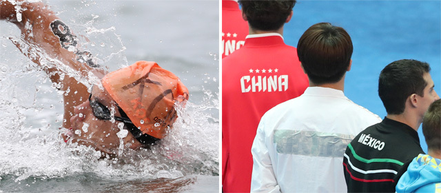 13일 광주 세계수영선수권대회 오픈워터 스위밍 남자 5km에 출전한 백승호가 매직펜으로 ‘KOREA’라고 쓴 수영모를 쓴 채 경기를 하고 있다(왼쪽 사진). 14일 남자 1m 스프링보드 결선에 나선 우하람(흰색 상의)은 ‘KOREA’가 새겨진 유니폼을 지급받지 못해 후원사 로고를 테이프로 가렸다. 광주세계수영선수권대회조직위원회 제공·광주=뉴시스