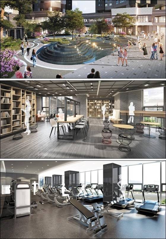 청량리역 롯데캐슬 Sky-L65에는 입주민이 단지 안에서도 모든 생활편의시설을 누릴 수 있도록 백화점과 스트리트몰 등이 들어선다. 윗쪽부터 단지 조경시설인 클라우드플라자와 작은도서관, 피트니스시설. /롯데건설 제공