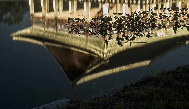 물에 비친 경회루와 연꽃