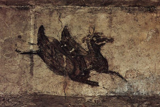 안악1호분 기린도 : 안악 1호분 무덤방 서쪽 천장에도 기린도가 그려져 있는데, 말처럼 네 다리를 내디디며 날개를 갖추고 있는 모습이다.