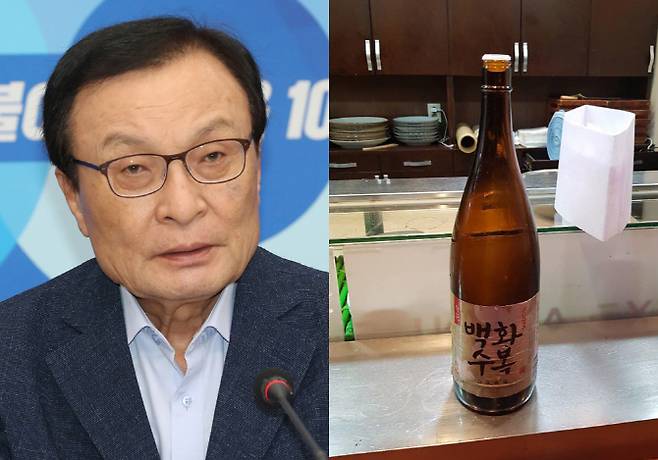 이해찬 더불어민주당 당대표(왼쪽)와 이 대표가 사케 대신 마셨다고 주장하는 국산청주 백화수복(사진 = 연합뉴스, 이해식 민주당 대변인 페이스북)