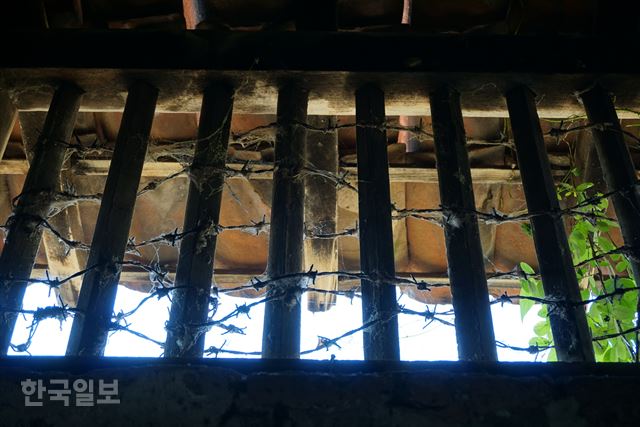 인도네시아 자바섬 중부의 암바라와에 있는 일본군 위안소 안에 설치된 나무 창살. 돌 침대 위에 올라 손을 뻗어야 겨우 닫는다. 암바라와=고찬유 특파원
