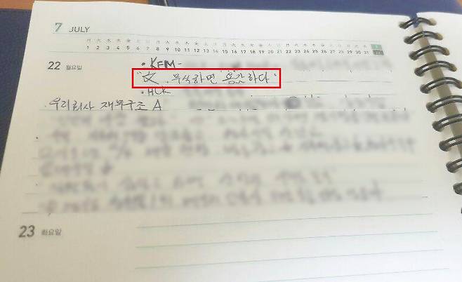 ▲ 윤종화 보도2팀장이 지난달 22일 간부회의에서 나온 현준호 총괄본부장의 발언을 기록한 메모. '文무식하면 용감하다'라는 대목이 나온다.