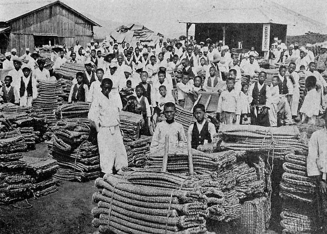 일본 식민지 시기 조선 소년들이 만든 가마니를 파는 시장의 모습. 당시 학교에선 가난한 학생들한테 가마니를 짜 학비를 보충하도록 하는 아동 강제노역을 시켰다. 조선총독부는 쌀 수탈을 위해 가마니 짜기를 촘촘하게 계획, 관리했다. 출처 서울특별시사편찬위원회, <사진으로 보는 서울 2>