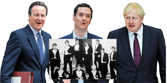 고위층 사교모임인 벌링던 클럽 출신의 영국 정치인인 데이비드 캐머런(왼쪽부터) 전 총리, 조지 오즈번 전 재무장관, 보리스 존슨 총리. 가운데 흑백 그림은 지난 2007년 유출됐다가 저작권을 이유로 배포가 금지됐던 1987년 벌링던 클럽 사진을 BBC방송의 의뢰로 화가 로나 마슨이 유화로 그린 ‘1987년 클래스’ 작품으로 캐머런(뒷줄 왼쪽 두 번째) 전 총리와 존슨(앞줄 왼쪽 세 번째) 총리가 함께 있다.  BBC캡처 등 재인용