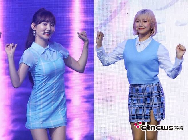 6일 서울 마포구 신한카드 판스퀘어홀에서는 '위걸스X신한카드와 함께 떠나는 RIDE 쇼케이스'가 진행됐다. (왼쪽부터) 멤버 한정아, 은아의 무대모습.