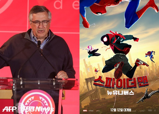 소니픽쳐스 회장 토니 빈시케라(왼쪽), 영화 '스파이더맨: 뉴 유니버스' 포스터 /AFPBBNews=뉴스1