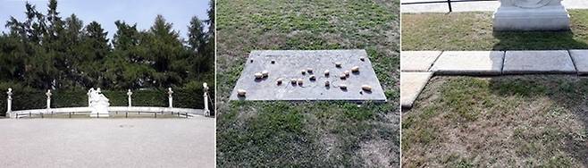 남쪽 테라스의 동쪽 끝에 있는 프리드리히 대왕의 묘소(좌). 프리드리히 대왕의 무덤 위에는 감자를 놓아 애민(愛民)했던 그를 기린다고 했다(중). 평소 사랑하던 개들의 무덤들이 둘러싸고 있다(우).