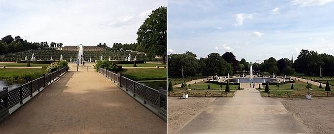 공원의 남쪽 입구에서 바라본 루스트가르텐과 포도원 그리고 상수시 궁전(좌). 포도원의 맨 아래 테라스에서 굽어본 루스트가르텐(우).