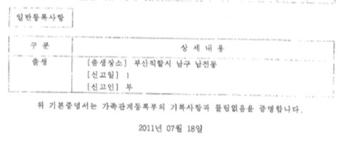 조국 장관 딸이 한국과학기술연구원(KIST)에 제출한 가족관계등록부 기본증명서. 출생 신고인에 '부'(父)라고 적혀있다. [곽상도 의원실 제공]