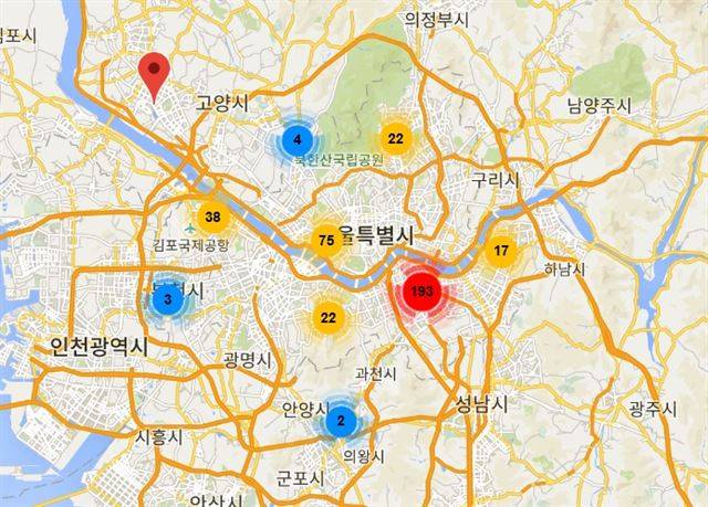 1년 간 판결문을 통해서 확인한 서울시내 성매매 오피스텔 분포 지도. 강남구와 마포구에 가장 많이 몰려 있다.