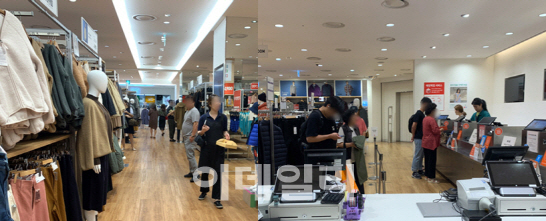 지난달 30일 서울 영등포구의 한 유니클로 매장(왼쪽)에 30명 이상의 고객들이 쇼핑을 하고 있었다. 다음날인 1일 서울 중구의 한 유니클로 매장에는 고객 6명이 계산을 위해 대기 중이다. (사진=황현규 기자)