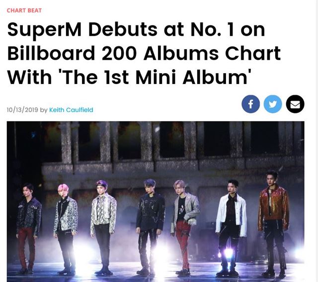 미국 유명 음악지 빌보드가 13일(현지시간) 한국 아이돌그룹 슈퍼엠의 ‘빌보드 200’ 1위 예고 기사를 냈다. 빌보드 홈페이지 캡처
