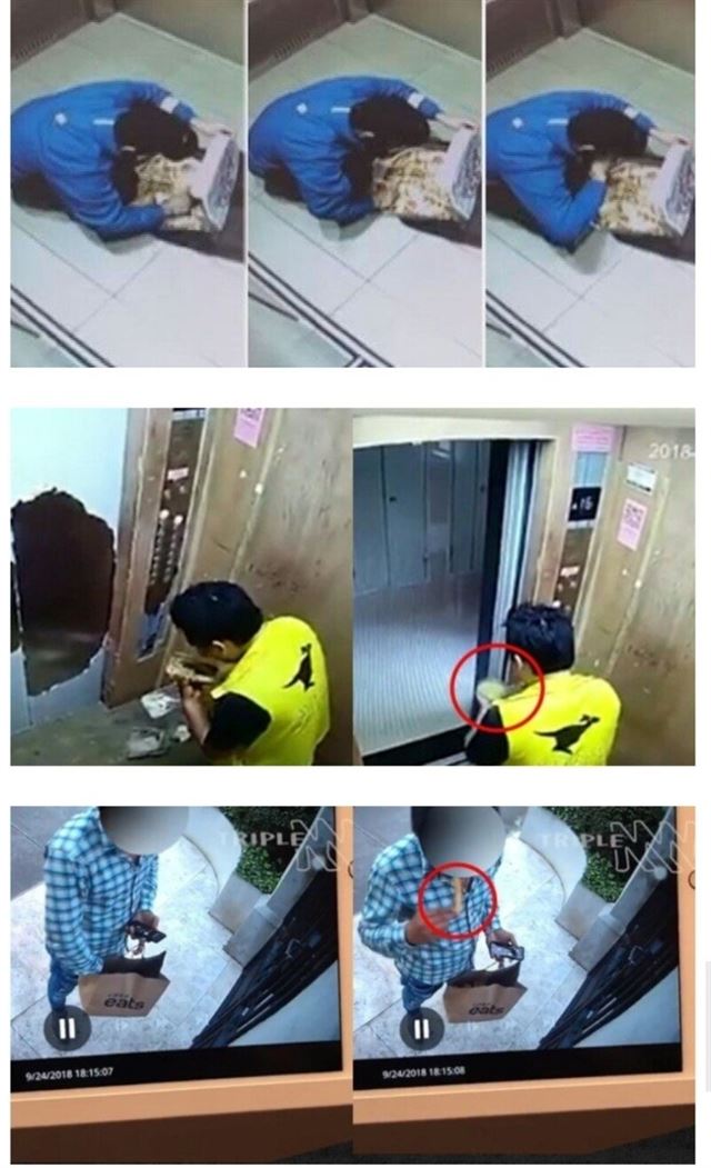 온라인에 올라온 배달원들이 주문 음식을 몰래 먹는 모습이 찍힌 폐쇄회로(CC)TV 화면들. 온라인 커뮤니티 캡처