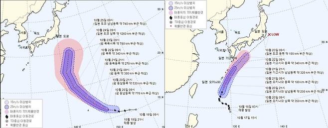 제21호 태풍 '부알로이'(좌)와 제20호 태풍 '너구리'의 예상 진로.(기상청 제공) © 뉴스1