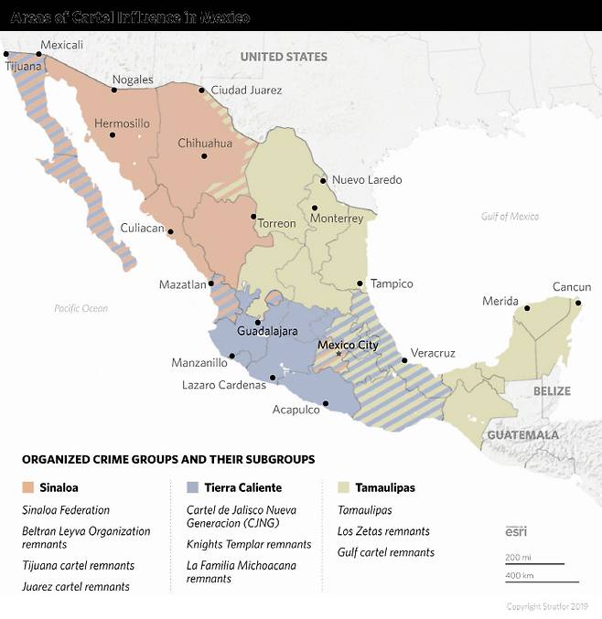 미국의 민간 전략컨설팅회사 스트래트포가 분석한 멕시코의 마약갱 지도.  자료 스트래트포