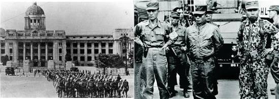 ▲ (왼쪽) 1961년 5월 16일, 5·16 군사쿠데타를 일으킨 군인들이 중앙청으로 진입하고 있는 모습 (출처: 국사편찬위원회 ‘우리역사넷’) ▲ (오른쪽) 5·16 군사쿠데타 직후 시청 앞 광장에서 군인들을 지휘하는 박정희(1917~1979) 소장(중앙)과 휘하 군인들의 모습. 박정희 소장의 왼쪽은 대통령 경호실장이자 국회의원을 역임한 박종규(1930~1985) 소령, 오른쪽은 이후 대통령 경호실장을 역임하게 되는 차지철(1934~1979) 대위. 박정희 바로 뒤는 10.26 때 비서실장 김재원(1923~2016). (출처: 국사편찬위원회 ‘우리역사넷’)
