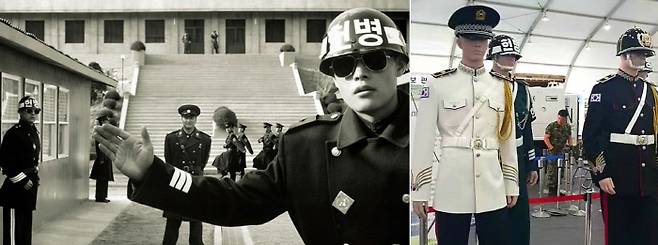 헌병이 창설 70년 만에 명칭을 ‘군사경찰’로 바꾸는 등 변신을 모색하고 있지만 관련 법의 표류로 어려움을 겪고 있다. 검은 바탕에 흰 글씨로 ‘헌병’을 새긴 기존 헬멧을 전통 투구를 응용한 새 디자인으로 변경하는 등 복장과 장구류의 변화도 추진 중이지만 시행은 미뤄지고 있다. 왼쪽 사진은 영화 <공동경비구역 JSA> 속 헌병의 모습. 오른쪽은 지난 4~7일 계룡대에서 열린 육군 지상군 페스티벌에 전시된 새 헌병 복장 시제품들로 전통 투구 디자인에 대한제국 시기 의복을 본뜬 행사복(오른쪽) 등이 보인다. 경향신문 자료사진