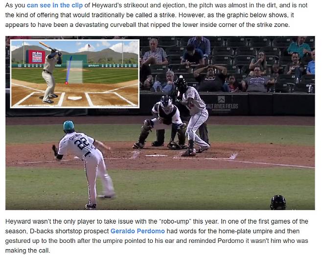 올해 애리조나 가을리그에 도입된 로봇 심판은, 육안으로 보기엔 스트라이크로 보기 힘든 공(큰 사진)도 스트라이크존을 통과했다고 판정(왼쪽 위 작은 사진)해 타자들의 항의를 야기하는 경우가 종종 생겼다. MLB.com 갈무리