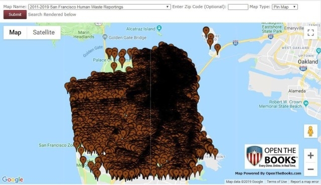 ▲ 샌프란시스코 '똥 지도'(poop map). 고동색이 똥 발견 장소다. 신고가 들어온 곳에 좌표를 찍어 지도를 만들었다. ⓒOpentheBooks.com