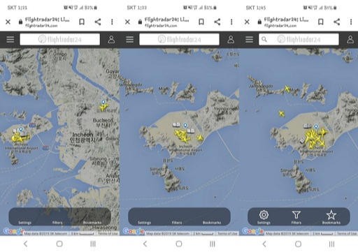 스웨덴의 항공기 운항정보 플랫폼 ‘flight radar24’에서도 14일 오후 1시20분쯤 인천공항과 김포공항에 옹기종기 모였던 비행기(사진 왼쪽과 가운데)가 20여분 후 서로 다른 방향으로 날아가는 모습을 볼 수 있다. flight radar24 캡처.