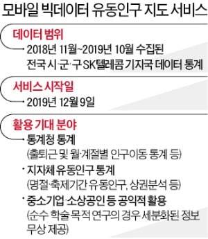 SK텔레콤이 9일 공개한 모바일 빅데이터 기반의 경기 용인시 일대 유동인구 지도. 색이 짙을수록 더 많은 인구가 유출 혹은 유입됐다는 의미다. 통계청 홈페이지에서 검색할 수 있다. SK텔레콤 제공