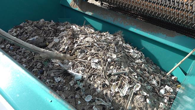 비치클리너로 해안 널브러진 쓰레기를 치우고 있다. 쓰레기가 비치클리너에 잔뜩 모였다. [사진 공성룡]