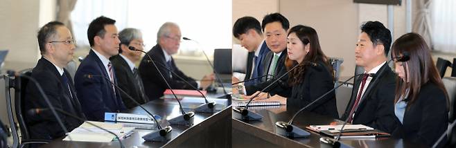 이호현(오른쪽 2번째) 산업통상자원부 무역정책국장을 비롯한 우리 대표단이 16일 일본 도쿄 경제산업성(경산성) 회의실에서 열린 한·일 국장급 수출관리 정책 대화에서 이다 요이치(飯田陽一) 경제산업성 무역관리부장(왼쪽 1번째)을 비롯한 일본 대표단과 인삿말하고 있다. 산업부 제공