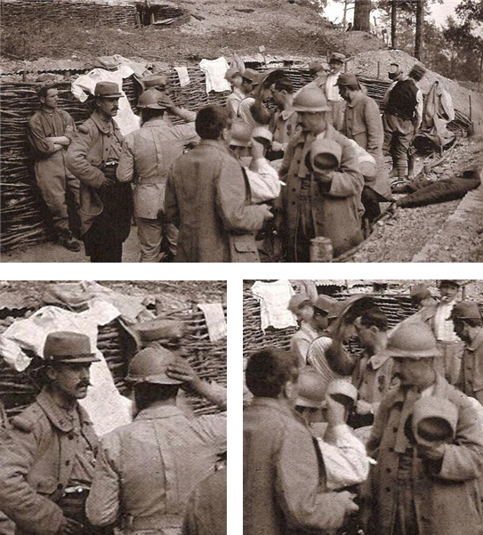 1915년 프랑스군 진지 내부의 모습. 케피와 아드리안 헬멧을 쓴 이들이 뒤섞여 있다. 헬멧을 거꾸로 쓴 이도 있고 헬멧을 쓴 채 한 손에 케피를 든 이도 있는 것으로 보아 아드리안 헬멧을 보급 받아 써보고 있는 중인 듯하다. /출처= ⓒhistoire-passy-montblanc.fr