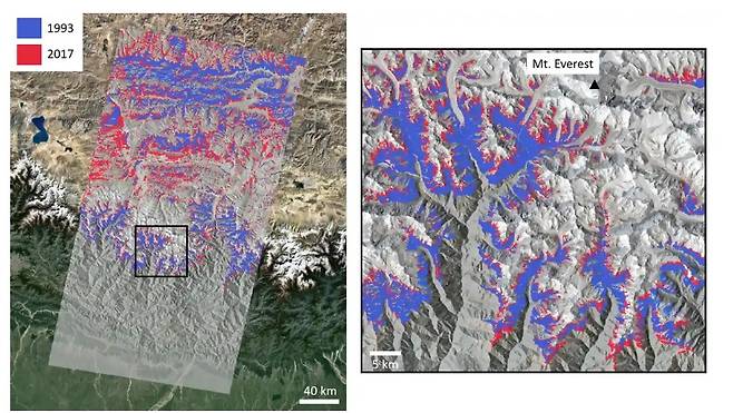 1993년과 2017년, 히말라야 특정 지역의 초목양을 비교한 데이터 (출처=엑서터대학)