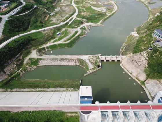 시민단체인 내성천보존회가 지난해 7월 31일 촬영한 경북 영주시 영주댐의 모습. 본댐과 보조댐에 녹조가 발생해 물 색깔이 온통 새파랗다. 보존회 측은