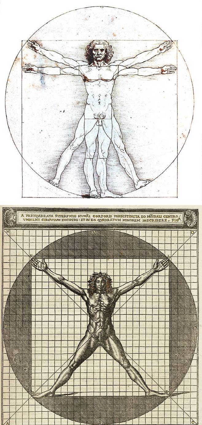 레오나르도 다빈치는 열네 살 견습생 시절 공방에서 ‘인간 소우주론’을 배웠다. 고대 유일의 건축서적 <건축에 대하여>를 저술한 기원전 1세기 로마시대 건축가 마르쿠스 비트루비우스가 인간 신체는 소우주라는 사상으로 건축학 개념을 집대성한 이래 전해진 전통이다. 르네상스 인간관은 ‘인간 소우주론’의 확장이라 할 만했고, 원·정사각형 안에 사람을 그려 넣은 ‘비트루비우스 인체도’로 나타났다. 마흔 살의 다빈치도 자신을 직접 그린 것으로 추정되는 ‘비트루비우스 인체도’(위 그림)를 완성한다. 아래는 다빈치의 제자였던 건축학자 체사레 체사리아노가 각주를 단 비트루비우스의 <건축에 대하여> 속 일러스트(1521년 판본).