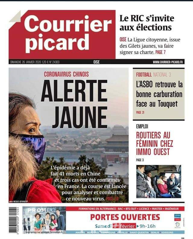 프랑스 지역지 르 쿠리에 피카르 1면. 헤드라인에 ‘누런둥이 조심’이라고 적혀 있다. (사진=BBC 홈페이지)