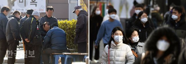 3일 오후 서울 종로구 종묘공원에서 노인들이 대부분 마스크를 착용하지 않고 바둑 두는 모습을 구경하고 있다(왼쪽 사진). 반면 이날 마포구 홍대입구역 부근에서는 젊은이들이 대부분 마스크를 쓰고 거리를 걷고 있다. 홍인기 기자
