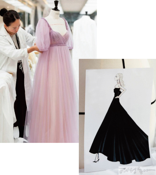 다코타 패닝의 드레스 패턴 디자인 작업을 하는 임세아 씨. 오른쪽은 제니퍼 애니스톤의 드레스 스케치. 패턴 디자이너는 디자이너가 스케치한 드레스를 실물로 구현하는 작업을 한다.