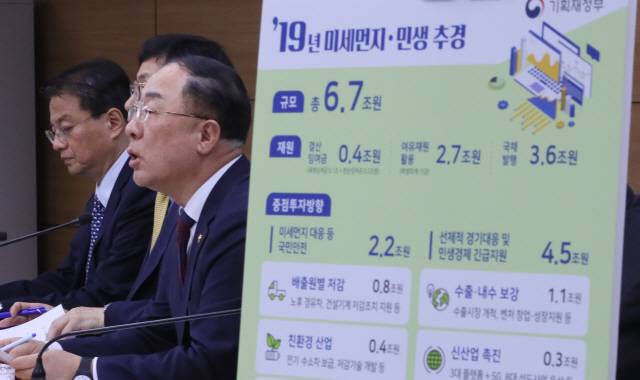 홍남기 경제부총리가 지난해 4월 미세먼지 추경을 설명하는 모습. 전체 추경 6조7,000억원에서 미세먼지 재원은 2조2,000억원에 불과하다. /연합뉴스