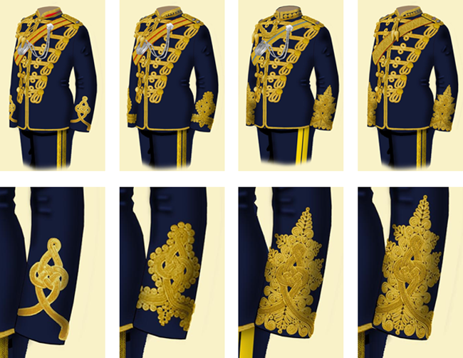 20세기 초, 영국 경기병대 장교의 복장(상단)과 그 소매(하단)의 확대도. 좌로부터 계급은 중위, 대위, 소령, 중령이다. /사진=ⓒuniformology.com