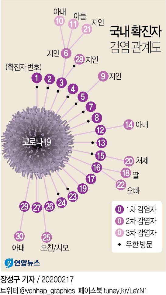 국내 확진자 감염 관계도 - 해외여행 이력이 없고 환자 접촉자로 관리도 되지 않아 감염경로가 불명확한 국내 29번째 신종 코로나바이러스 감염증(코로나19) 환자(82세 남성, 한국인)의 아내도 양성 판정을 받았다.연합뉴스 2020-02-17 국내 확진자 감염 관계도 - 해외여행 이력이 없고 환자 접촉자로 관리도 되지 않아 감염경로가 불명확한 국내 29번째 신종 코로나바이러스 감염증(코로나19) 환자(82세 남성, 한국인)의 아내도 양성 판정을 받았다.연합뉴스 2020-02-17