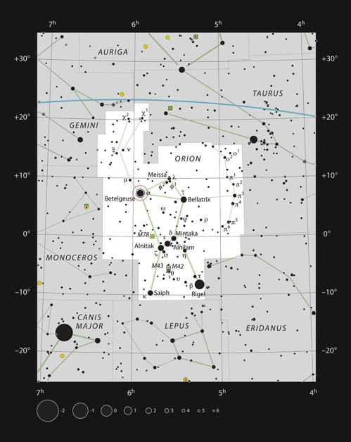 오리온자리(흰색박스)와 베텔게우스 위치(중앙 원안) [ESO, IAU, Sky & Telescope 제공]