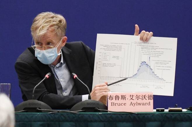 중국에서 코로나19를 직접 조사한 WHO의 브루스 아일워드 박사가 지난 24일 중국 베이징에서 기자회견을 하고 있다./사진= AFP