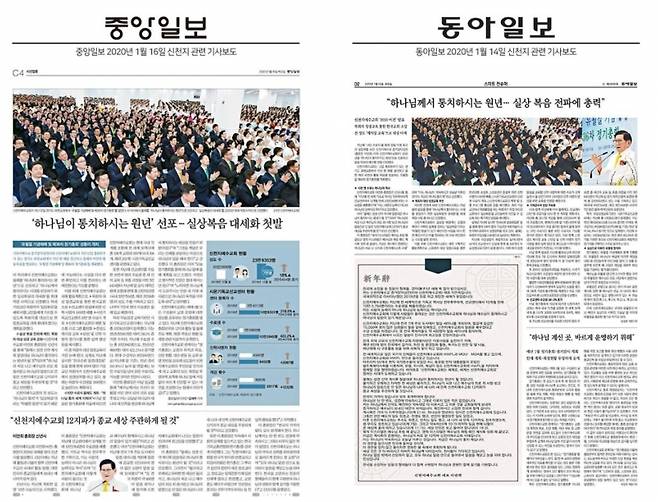 ▲중앙일보와 동아일보의 올 1월 신천지 홍보 기사.