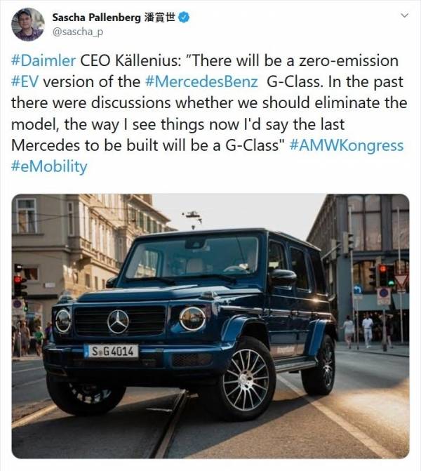 올라 칼레니우스 다임러 CEO가 SNS에 게재한 G바겐 전기차 출시 예고