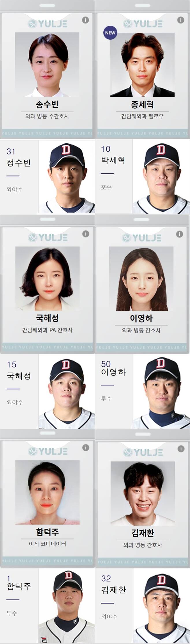 ▲ 실제 야구선수와 이름이 같은 슬기로운 의사생활 등장인물 배역 이름. 출처ㅣ두산베어스 공식 홈페이지, tvN 슬기로운 의사생활 공식 홈페이지 캡처