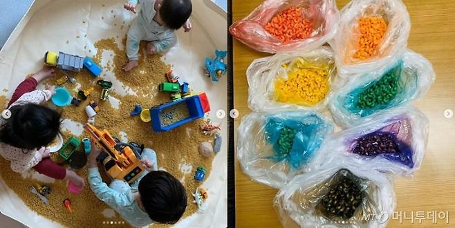 아이들이 말린 파스타면으로 모래놀이를 하고 있다.(왼쪽), 식용색소로 물든 형형색색의 파스타면들 /사진=인스타그램