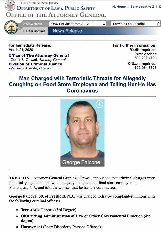지난 22일 뉴저지의 슈퍼마켓에서 직원들에게 고의적으로 기침을 한 남성이 ‘테러 위협’으로 기소됐다. /사진=미 법무부.