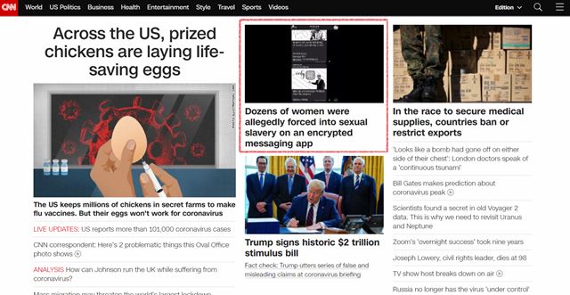 28일 미국 CNN 방송은 텔레그램 n번방 성착취물 사건에 대한 보도를 비중있게 전했다. 사진은 CNN 인터내셔널판 메인 화면. CNN 캡처