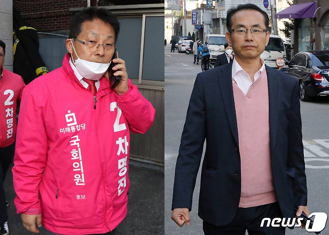막말 논란으로 윤리위에 회부된 차명진 미래통합당 부천시병 후보(왼쪽)와 김대호 관악구갑 후보가 10일 오전 서울 영등포구 미래통합당사에서 열린 윤리위원회에 참석하고 있다. 2020.4.10/뉴스1 © News1 박세연 기자