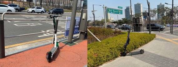전동 킥보드가 지정 위치가 아닌 곳에 세워져 있는 모습. 도로교통공단 제공